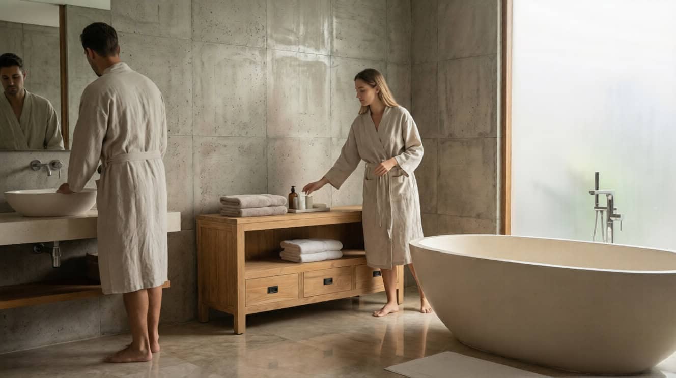 Man en vrouw in badjas bij teak badkamermeubel Bumi in luxe badkamer met vrijstaand bad