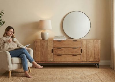 Vrouw zit in fauteuil naast teak dressoir Selaras met ronde spiegel en vloerkleed