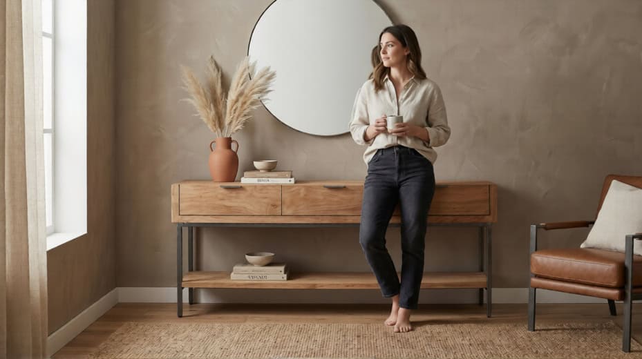 Vrouw staat voor teak wandtafel Selaras 180 cm met ronde spiegel op beige muur