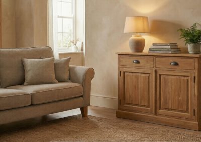 Woonkamer met beige bank, jute vloerkleed en teak dressoir Senja 2 deur met lamp en boeken.