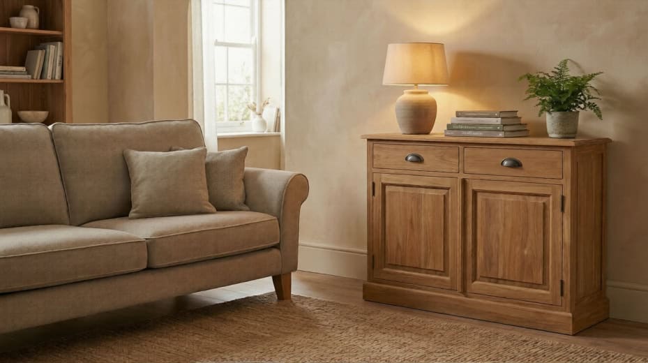 Woonkamer met beige bank, jute vloerkleed en teak dressoir Senja 2 deur met lamp en boeken.