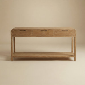 Frontale studiofoto van teak wandtafel Arus met drie lades en onderblad.