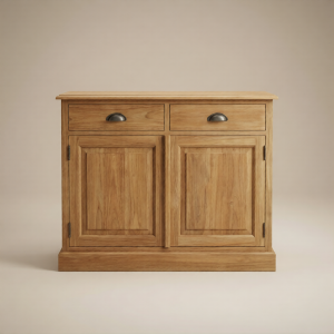 Frontale studiofoto van teak dressoir Senja 2 deur met twee lades en twee deuren.