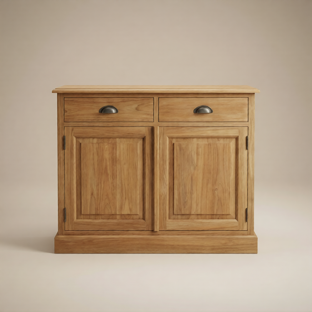 Frontale studiofoto van teak dressoir Senja 2 deur met twee lades en twee deuren.