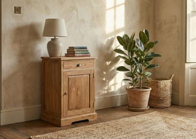 Woonkamer met jute vloerkleed, plant in pot en teak dressoir Senja 1 deur met lamp en boeken.