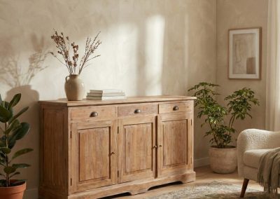 Woonkamer met teak dressoir Senja 3 deur, jute vloerkleed en decoratieve vaas met takken.