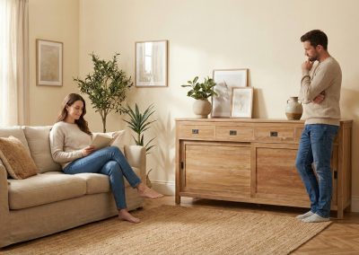 Koppel ontspannen in woonkamer met teak dressoir Bumi 200 cm; vrouw leest op bank terwijl man leunt tegen het dressoir.