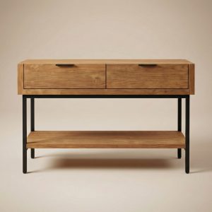 Frontale studiofoto van teak wandtafel Selaras 120 cm met twee lades en onderplank