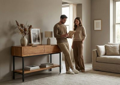 Koppel staat bij teak wandtafel Selaras 120 cm met beige bank in woonkamer