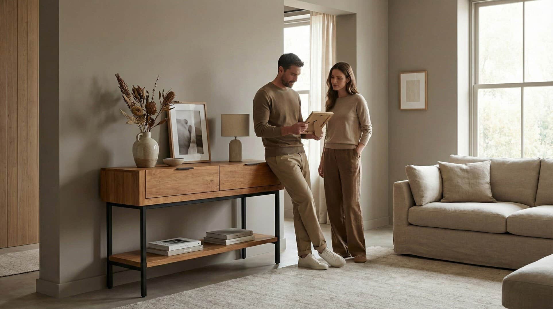 Koppel staat bij teak wandtafel Selaras 120 cm met beige bank in woonkamer