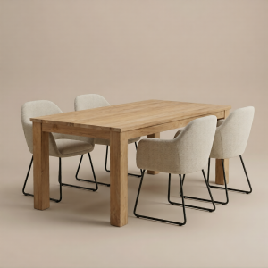 Teak Eethoek Rimba + 4 Eetkamerstoelen Lembut Wit