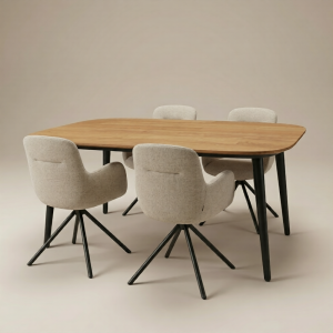 Teak Eethoeken Sora + 4 Eetkamerstoelen Lira Beige